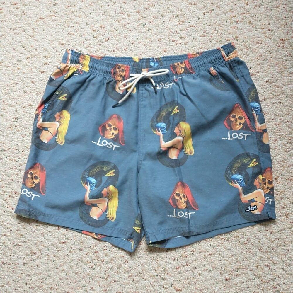 Lost Board Shorts Swim Mens L/M*Gray Skull Naked Snake Women Surf Goth